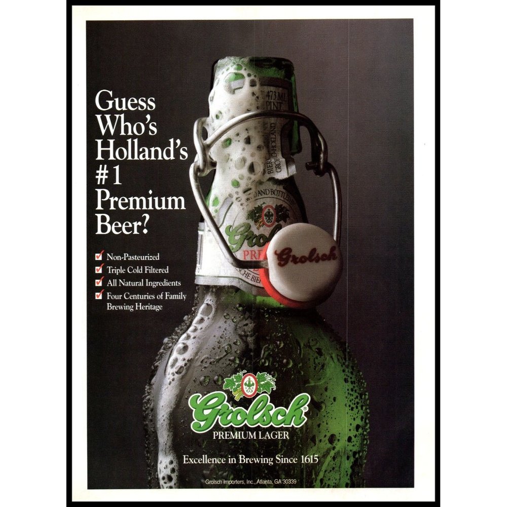 1992 Grolsch Lager Beer Vintage Print Ad Holland Dutch Green Bottle Wall Art